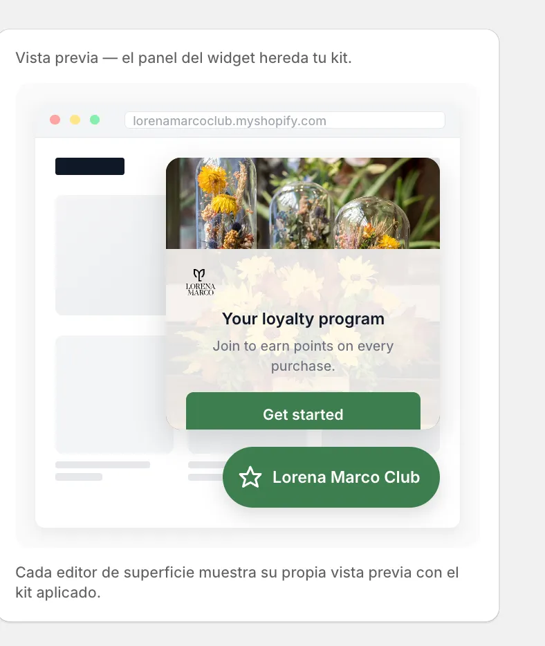 vista previa del panel del widget con la marca del comerciante aplicada