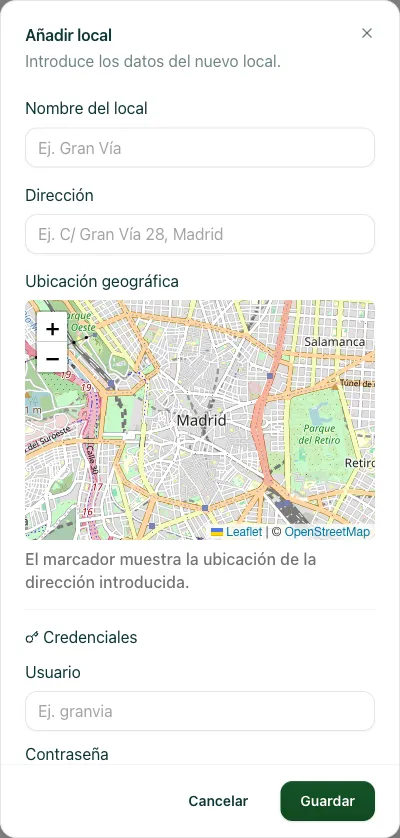 formulario de creación de un nuevo local con los campos de nombre y dirección