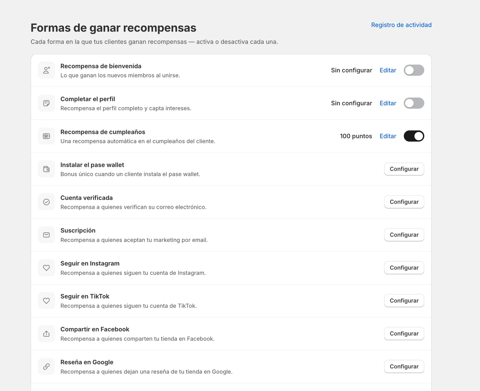 pantalla de administración con las reglas de earning de puntos configuradas