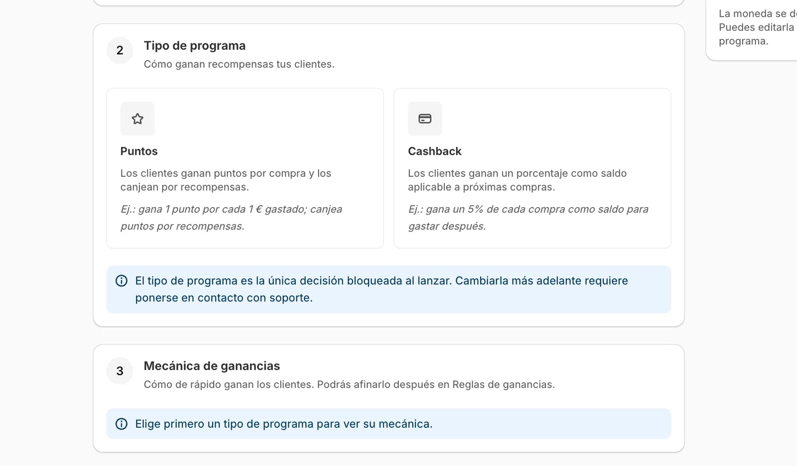 bloque de tipo de programa con las tarjetas de Puntos y Cashback