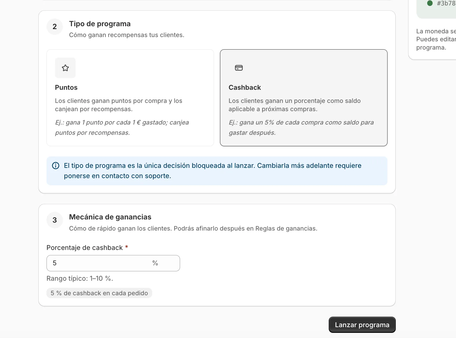 bloque de mecánica de ganancias con 5% de cashback y el botón Lanzar programa