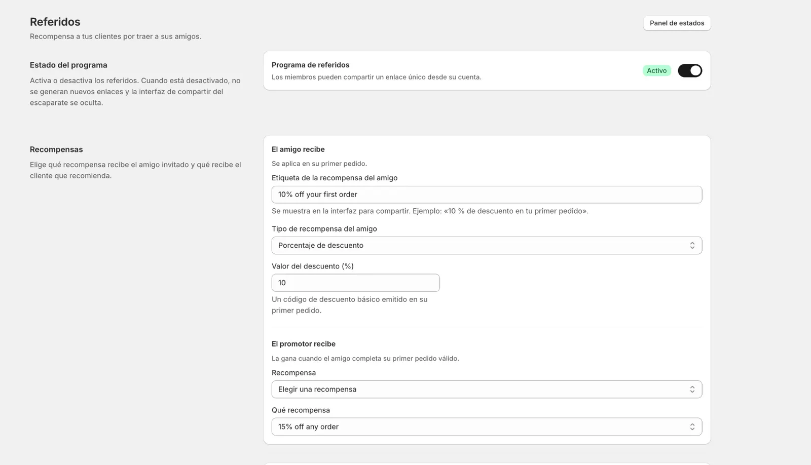 pantalla admin de configuración de referidos