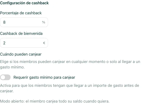 configuración del porcentaje de cashback y del toggle 'Requerir gasto mínimo para canjear'