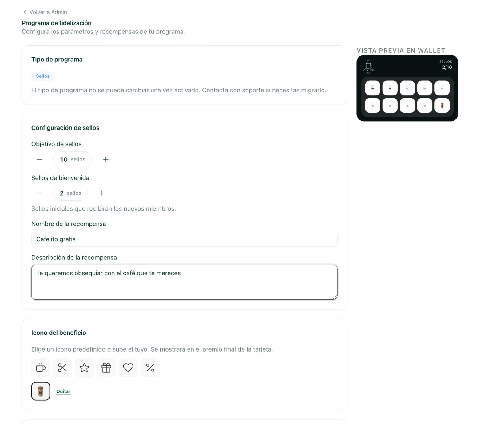 pantalla de configuración del objetivo de sellos