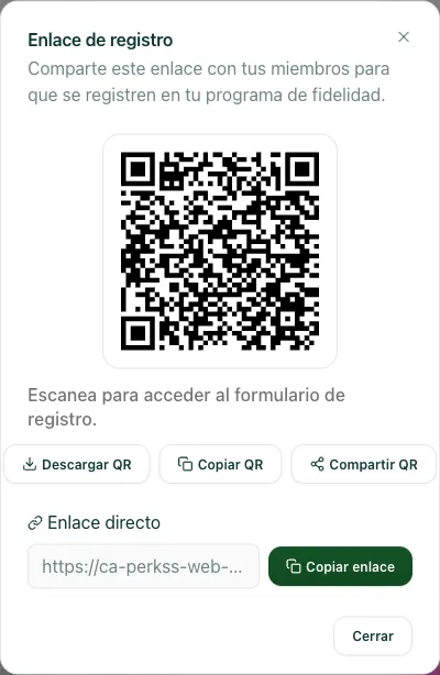 modal "Enlace de registro" con el QR y los botones descargar/copiar/compartir