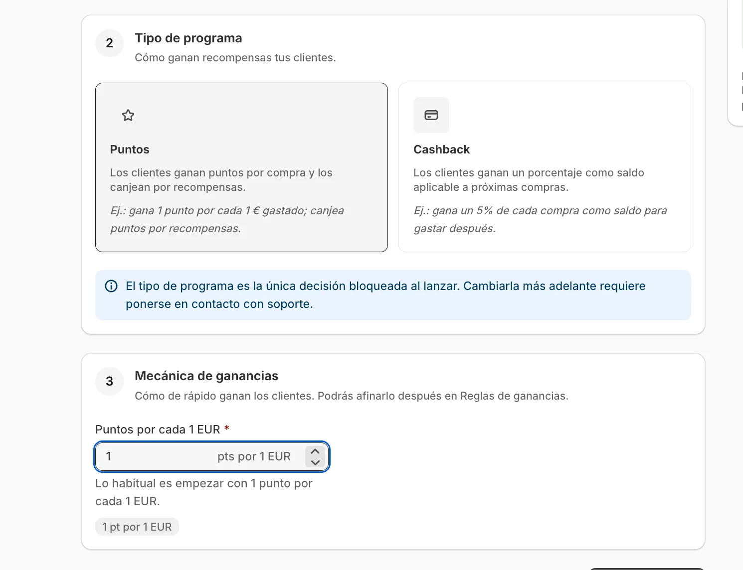 bloque de mecánica de ganancias configurando 1 punto por cada 1 EUR