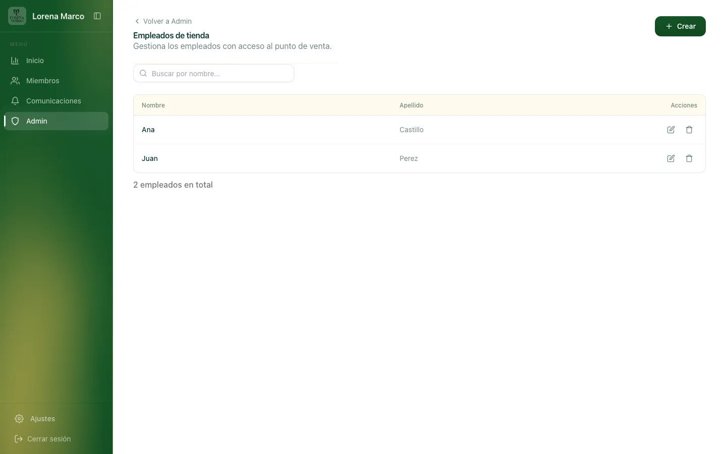 pantalla de Admin con la lista de empleados y el botón para añadir uno nuevo